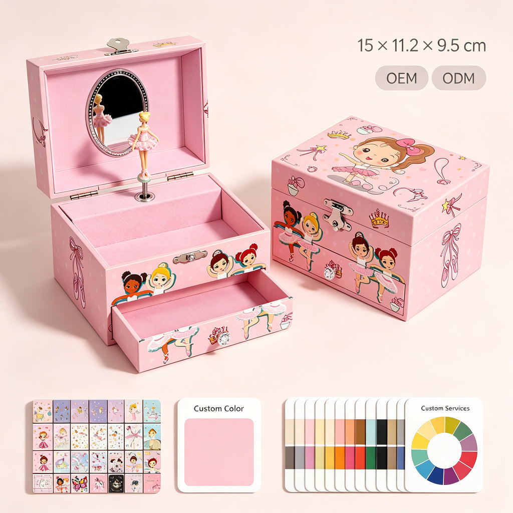 5inch Wooden Music Box with Drawer, Cartoon Ballet Girl Rotating Ballerina Jewelry Box, Pink Musical Keepsake Box for Girls Birthday Christmas Gift