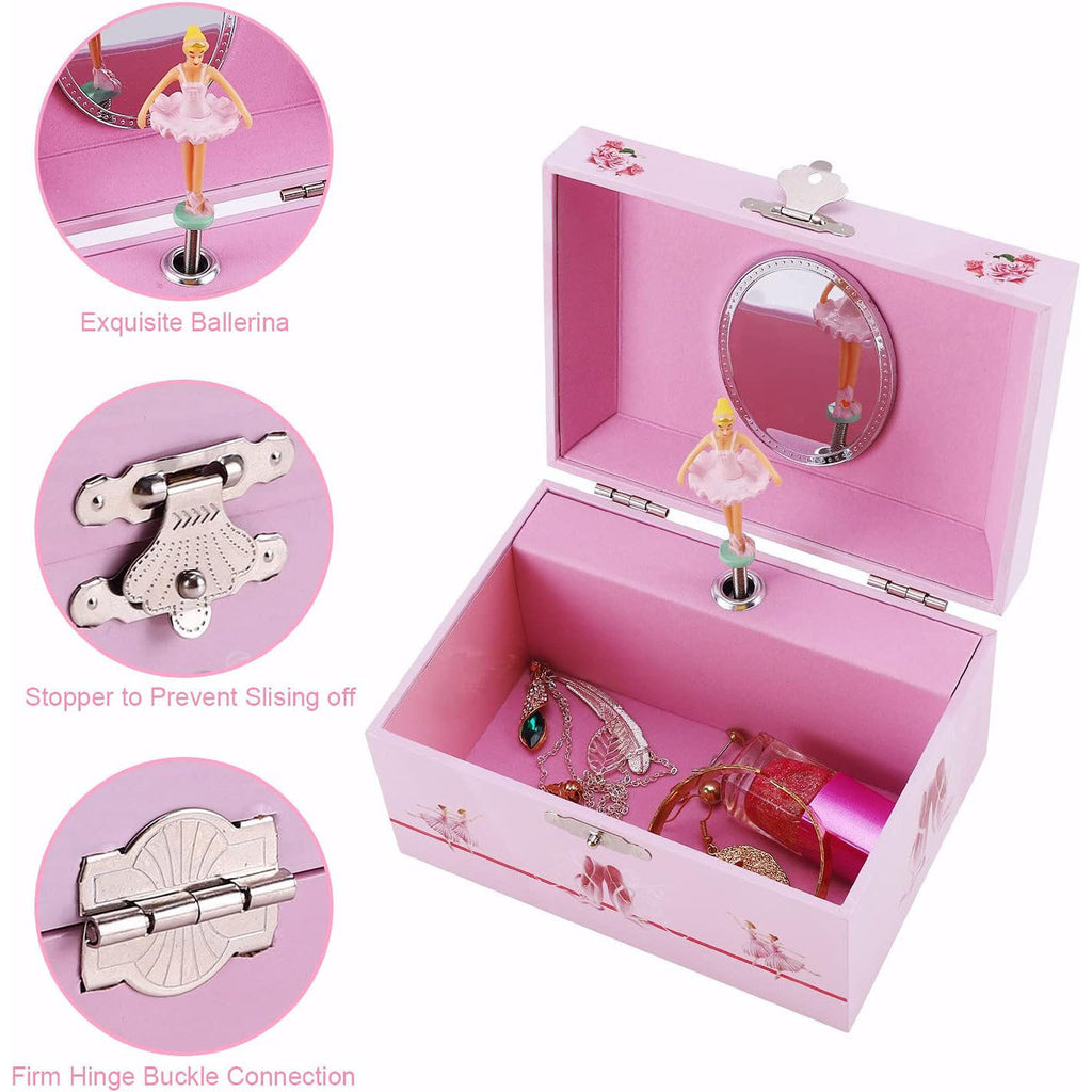 5inch Wooden Music Box with Mirror, Pink Rotating Ballerina Jewelry Box, Musical Keepsake Box for Girls Birthday Christmas Gift