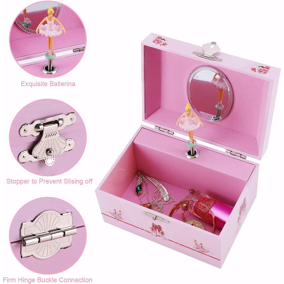 5inch Wooden Music Box with Mirror, Pink Rotating Ballerina Jewelry Box, Musical Keepsake Box for Girls Birthday Christmas Gift