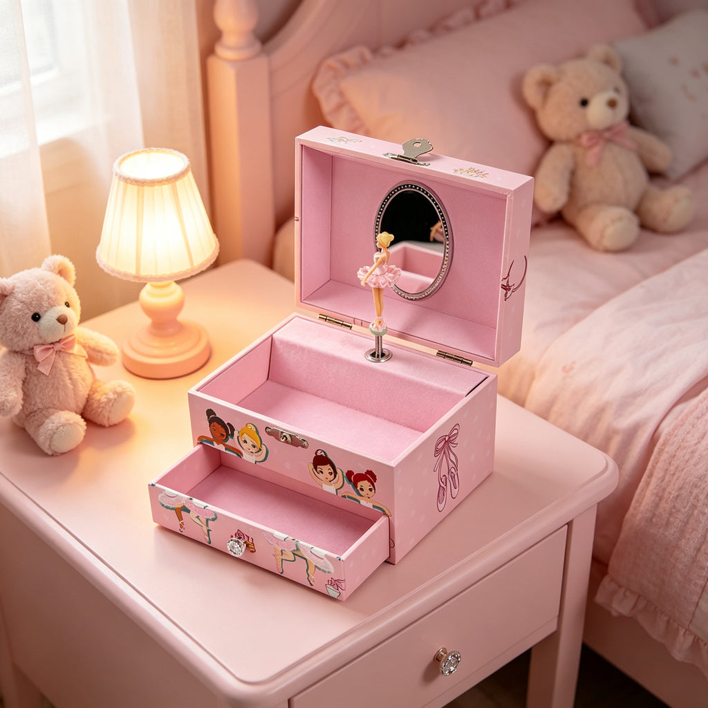 5inch Wooden Music Box with Drawer, Cartoon Ballet Girl Rotating Ballerina Jewelry Box, Pink Musical Keepsake Box for Girls Birthday Christmas Gift