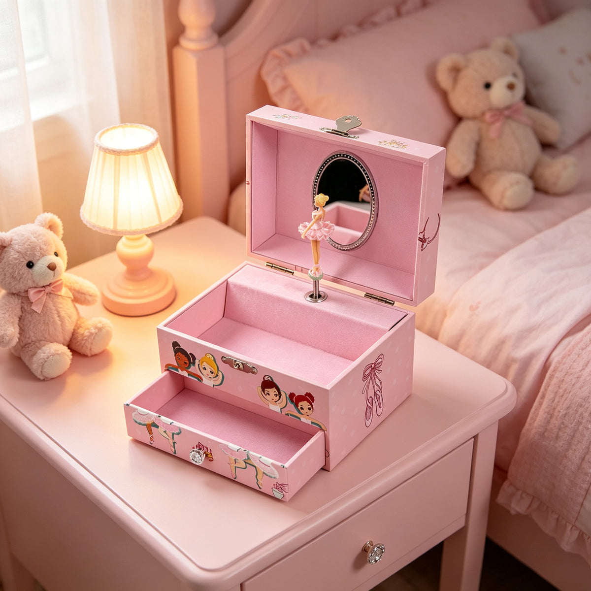 5inch Wooden Music Box with Drawer, Cartoon Ballet Girl Rotating Ballerina Jewelry Box, Pink Musical Keepsake Box for Girls Birthday Christmas Gift