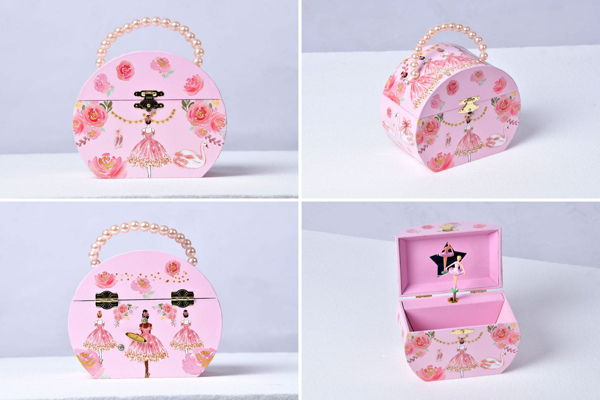 Semi-circular Handbag Music Box with Pearl Handle, Pink Unicorn Ballet Girl Rotating Ballerina Jewelry Box, Musical Keepsake Box for Girls Birthday Gift