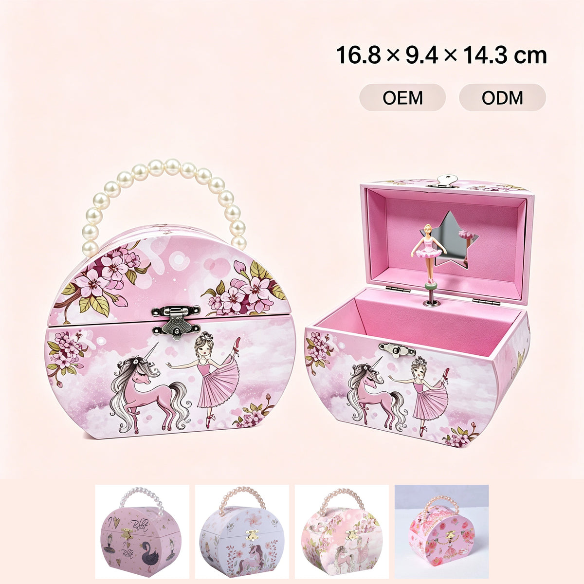 Semi-circular Handbag Music Box with Pearl Handle, Pink Unicorn Ballet Girl Rotating Ballerina Jewelry Box, Musical Keepsake Box for Girls Birthday Gift
