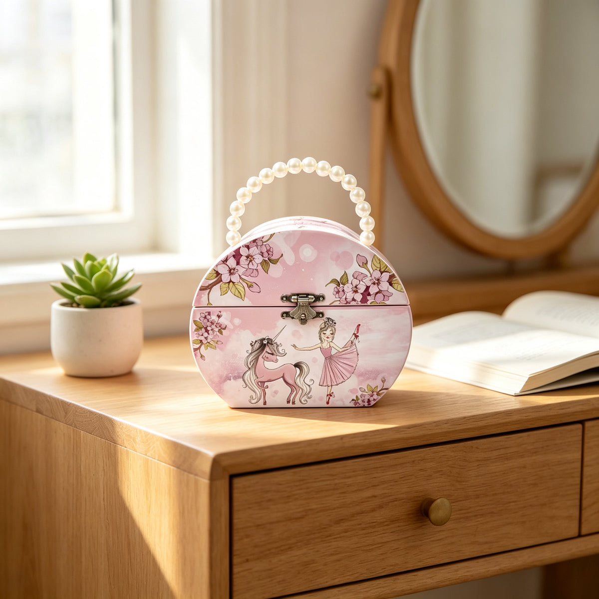 Semi-circular Handbag Music Box with Pearl Handle, Pink Unicorn Ballet Girl Rotating Ballerina Jewelry Box, Musical Keepsake Box for Girls Birthday Gift