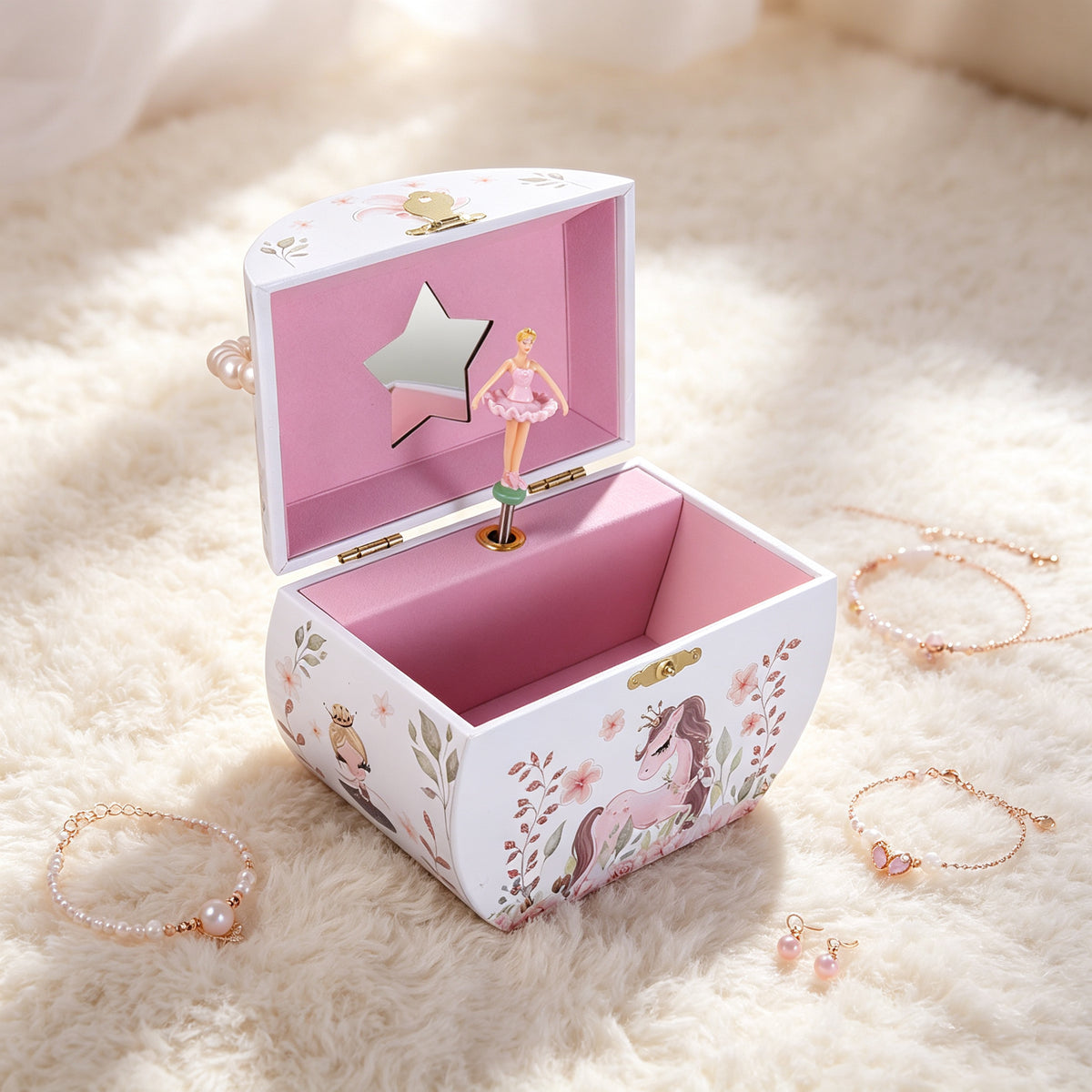 Semi-circular Handbag Music Box with Pearl Handle, Pink Unicorn Ballet Girl Rotating Ballerina Jewelry Box, Musical Keepsake Box for Girls Birthday Gift