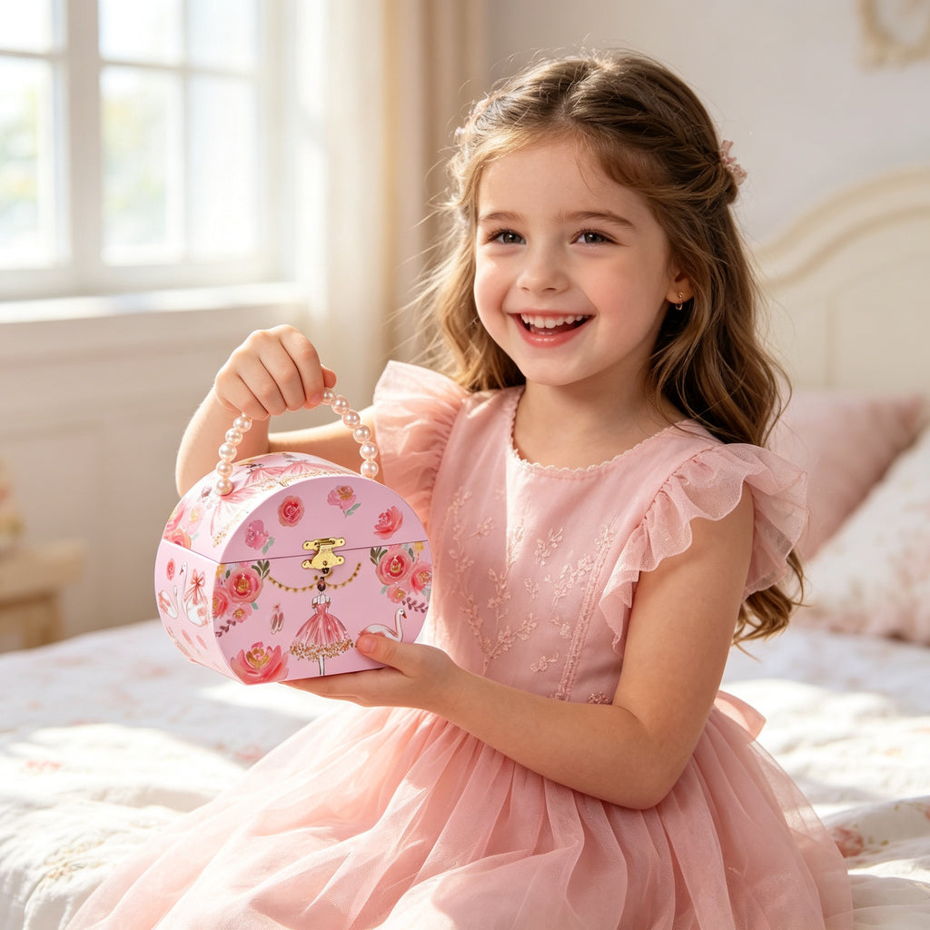 Semi-circular Handbag Music Box with Pearl Handle, Pink Unicorn Ballet Girl Rotating Ballerina Jewelry Box, Musical Keepsake Box for Girls Birthday Gift