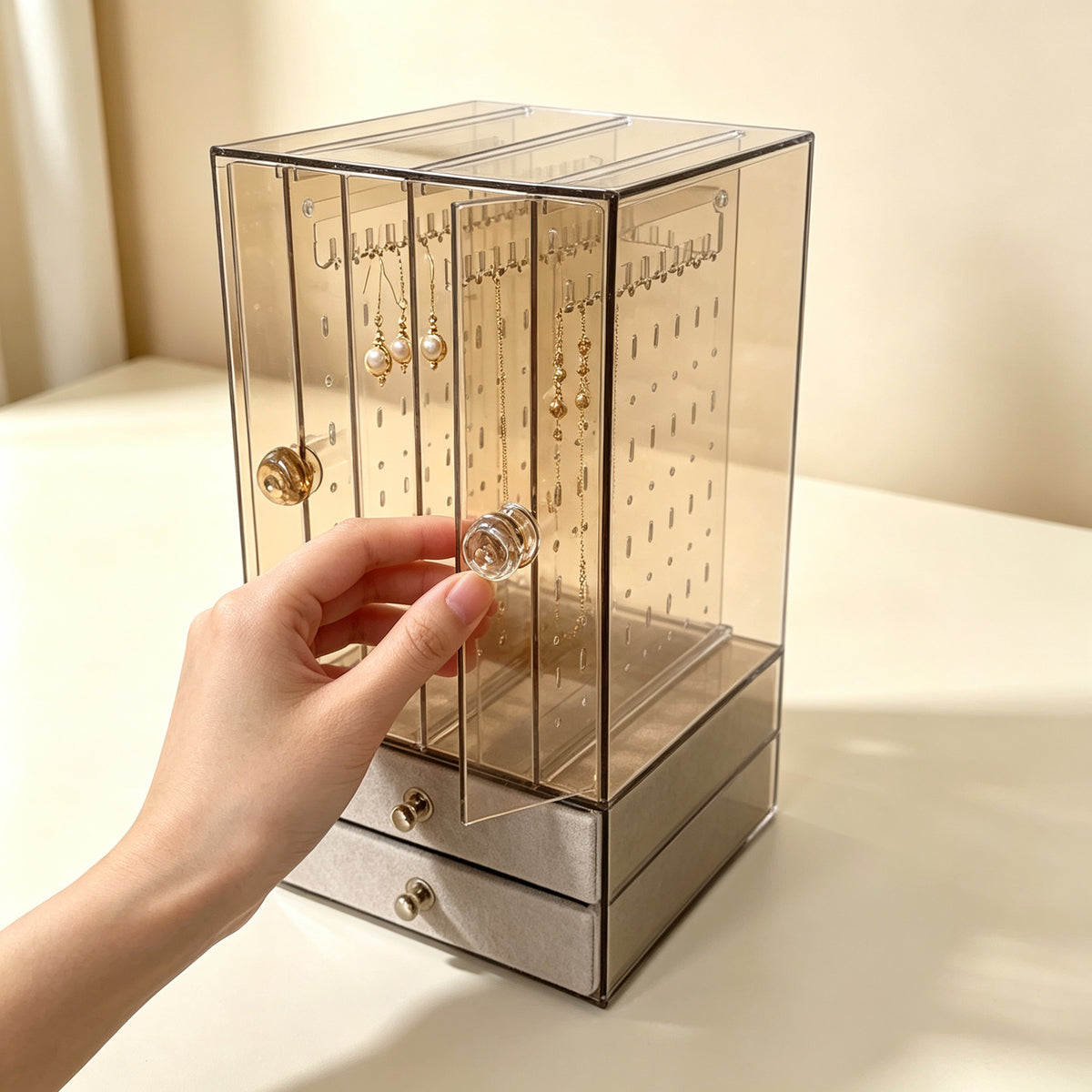 Acrylic Jewelry Organizer with 3 Necklace Stands and 2 Drawers, Clear Jewelry Display Case for Rings, Earrings & Necklaces