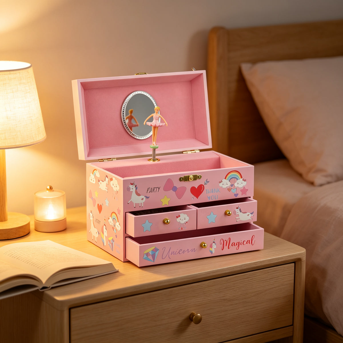 6inch Wooden Music Box with 3 Drawers and Mirror, Pink Unicorn Rotating Ballerina Jewelry Box, Musical Keepsake Box for Girls Birthday Christmas Gift