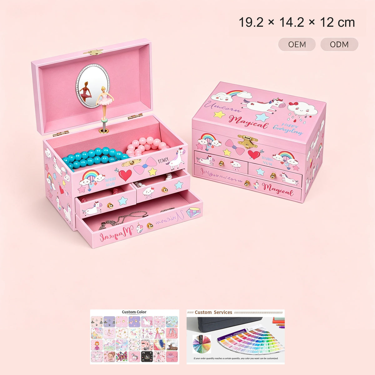 6inch Wooden Music Box with 3 Drawers and Mirror, Pink Unicorn Rotating Ballerina Jewelry Box, Musical Keepsake Box for Girls Birthday Christmas Gift