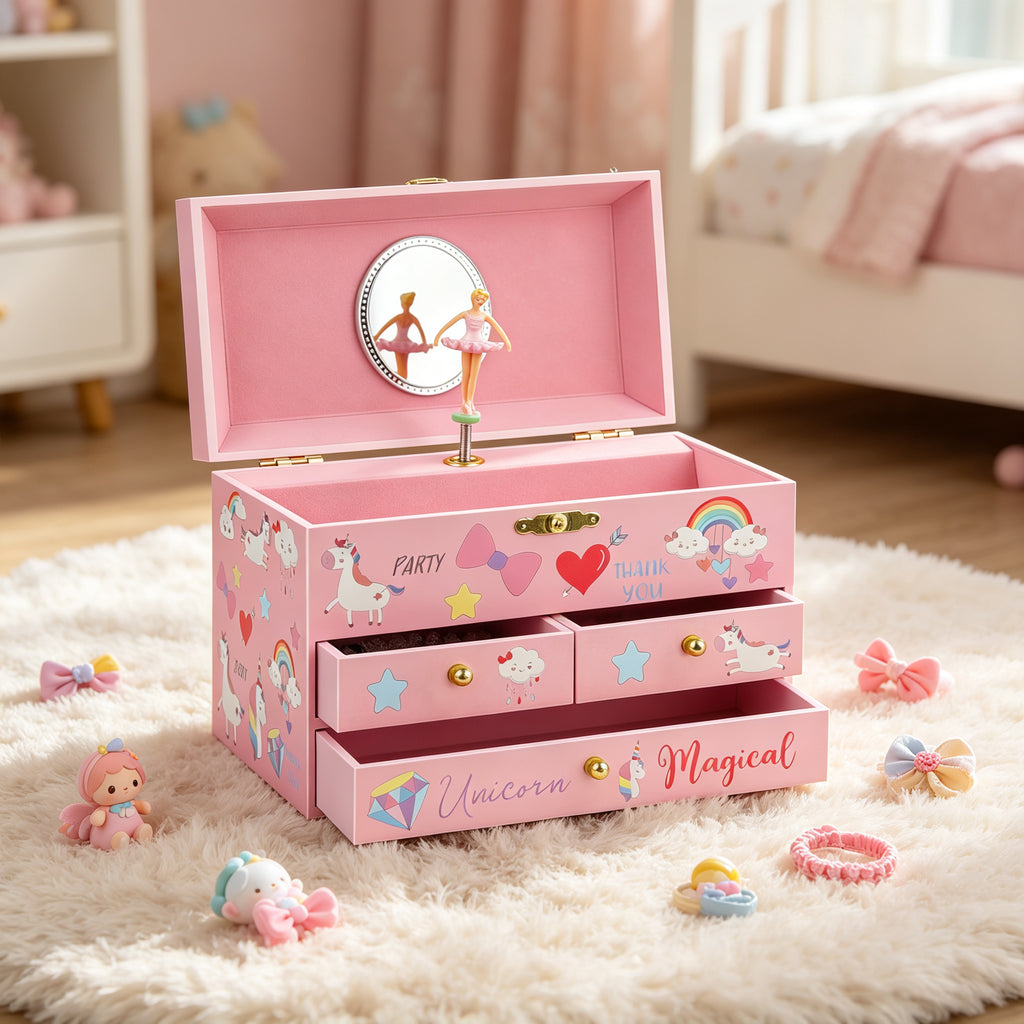 6inch Wooden Music Box with 3 Drawers and Mirror, Pink Unicorn Rotating Ballerina Jewelry Box, Musical Keepsake Box for Girls Birthday Christmas Gift