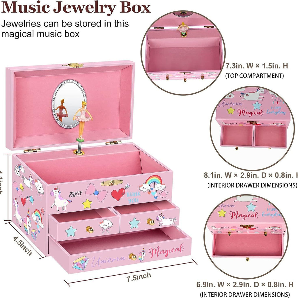 6inch Wooden Music Box with 3 Drawers and Mirror, Pink Unicorn Rotating Ballerina Jewelry Box, Musical Keepsake Box for Girls Birthday Christmas Gift
