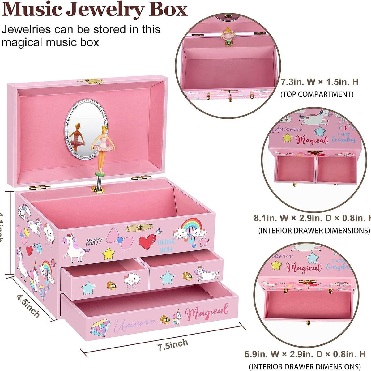 6inch Wooden Music Box with 3 Drawers and Mirror, Pink Unicorn Rotating Ballerina Jewelry Box, Musical Keepsake Box for Girls Birthday Christmas Gift