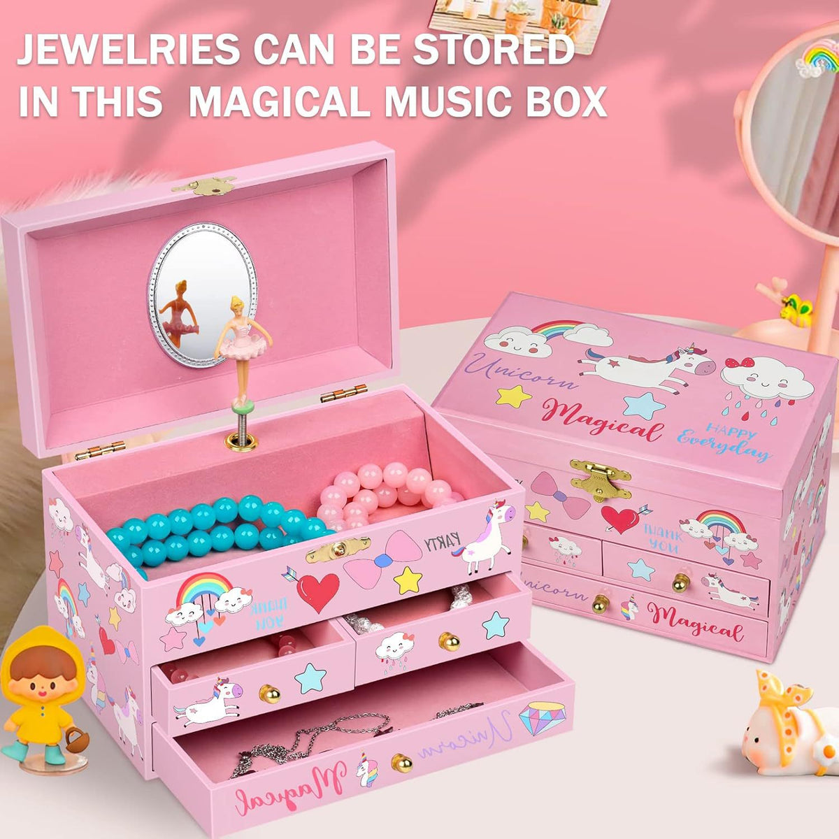 6inch Wooden Music Box with 3 Drawers and Mirror, Pink Unicorn Rotating Ballerina Jewelry Box, Musical Keepsake Box for Girls Birthday Christmas Gift