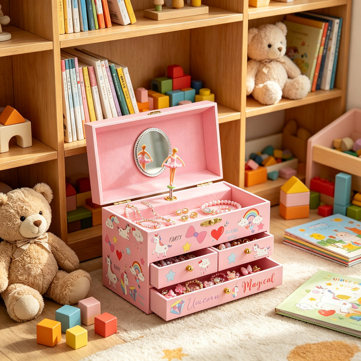 6inch Wooden Music Box with 3 Drawers and Mirror, Pink Unicorn Rotating Ballerina Jewelry Box, Musical Keepsake Box for Girls Birthday Christmas Gift