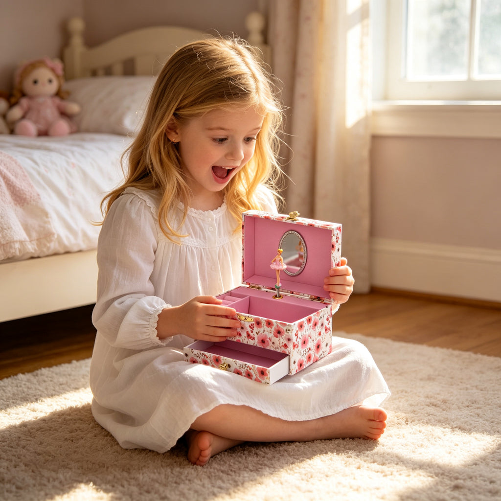 7inch Wooden Music Box with Drawer and Mirror, Pink Rotating Ballerina Jewelry Box, Musical Keepsake Box for Girls Birthday Christmas Gift