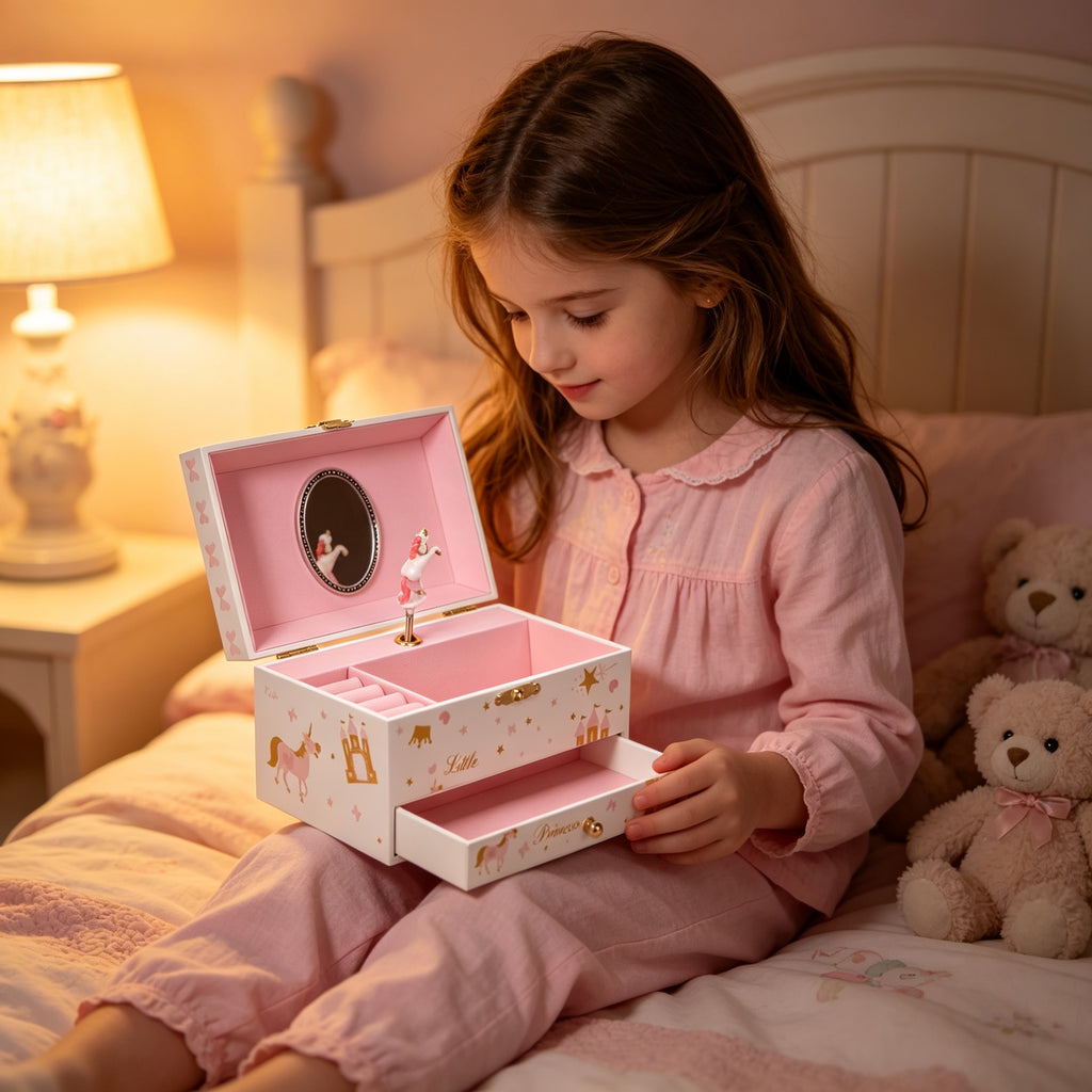 7inch Wooden Music Box with Drawer and Mirror, Pink Rotating Ballerina Jewelry Box, Musical Keepsake Box for Girls Birthday Christmas Gift