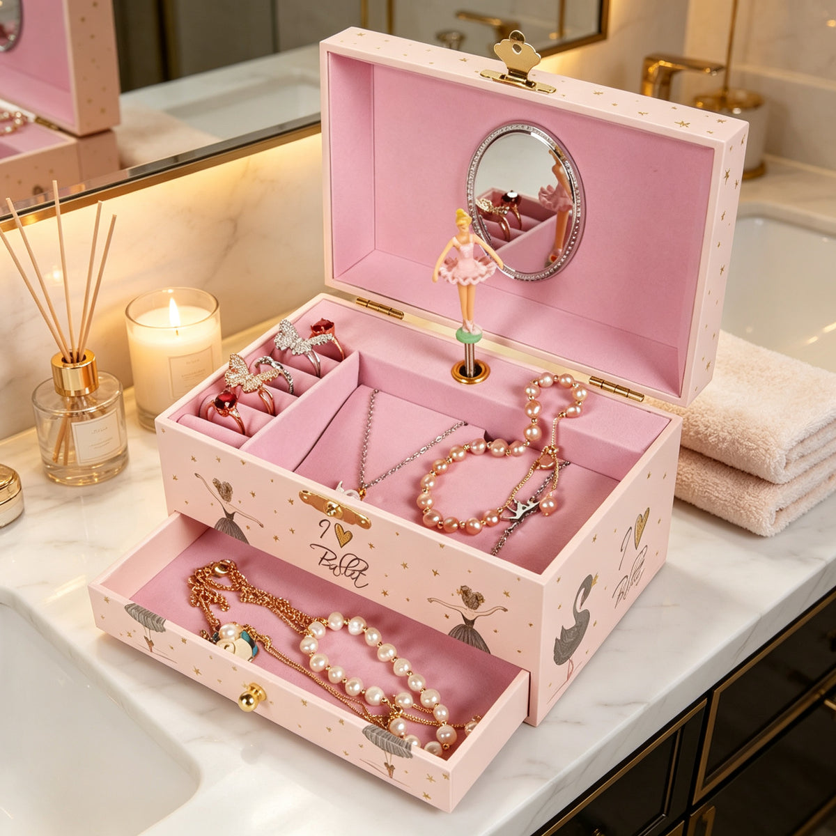 7inch Wooden Music Box with Drawer and Mirror, Pink Rotating Ballerina Jewelry Box, Musical Keepsake Box for Girls Birthday Christmas Gift