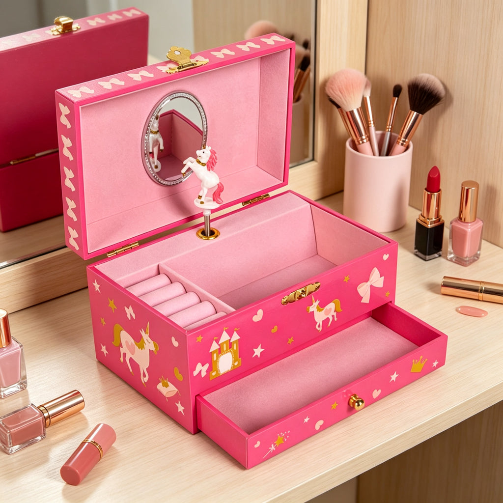 7inch Wooden Music Box with Drawer and Mirror, Pink Rotating Ballerina Jewelry Box, Musical Keepsake Box for Girls Birthday Christmas Gift