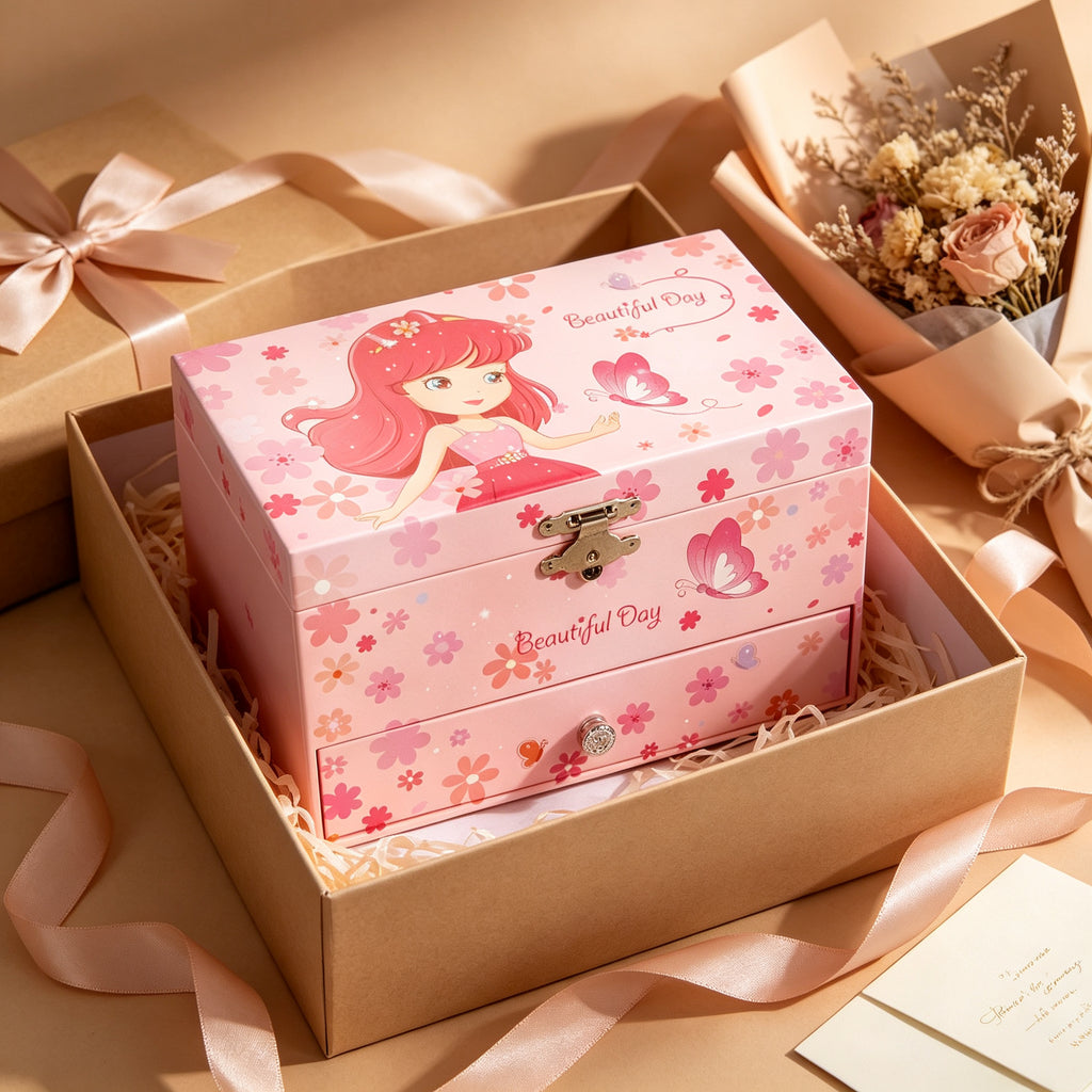 7inch Wooden Music Box with Drawer and Mirror, Pink Rotating Ballerina Jewelry Box, Musical Keepsake Box for Girls Birthday Christmas Gift
