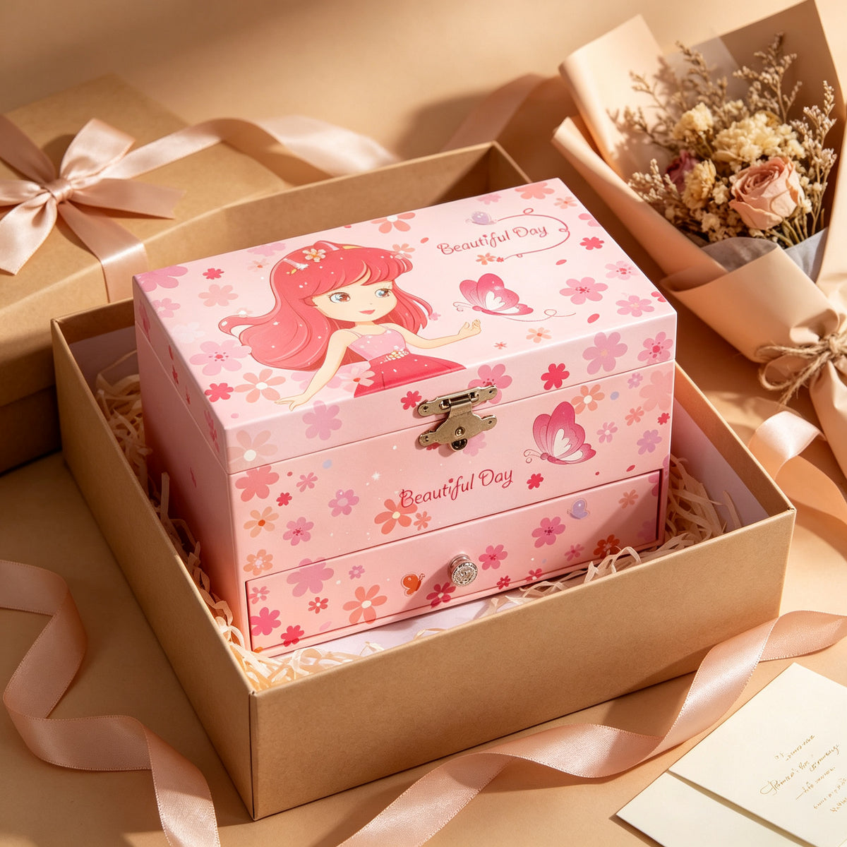 7inch Wooden Music Box with Drawer and Mirror, Pink Rotating Ballerina Jewelry Box, Musical Keepsake Box for Girls Birthday Christmas Gift