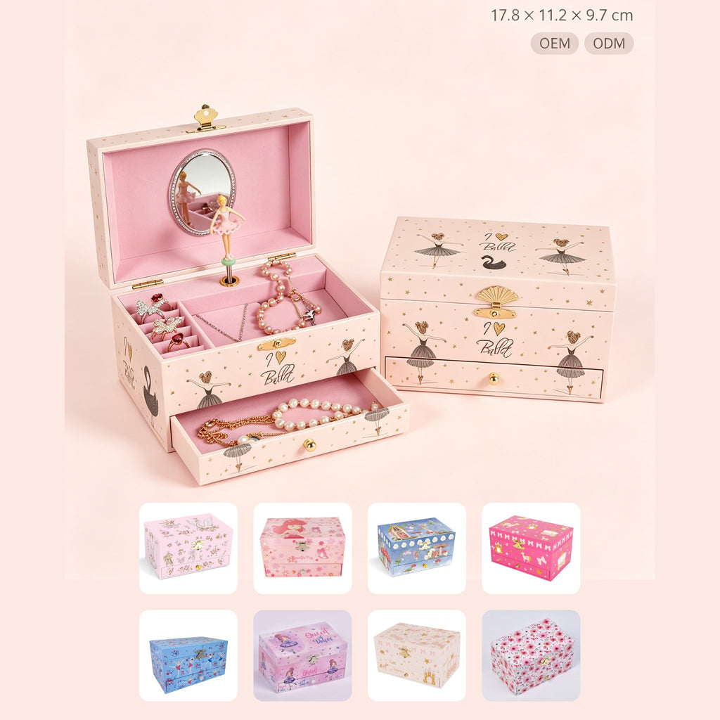 7inch Wooden Music Box with Drawer and Mirror, Pink Rotating Ballerina Jewelry Box, Musical Keepsake Box for Girls Birthday Christmas Gift