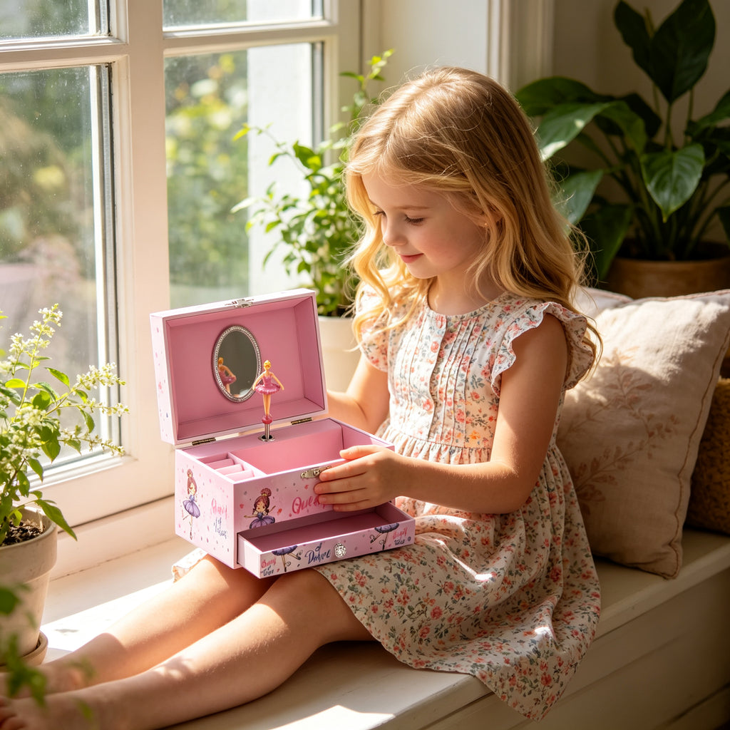 7inch Wooden Music Box with Drawer and Mirror, Pink Rotating Ballerina Jewelry Box, Musical Keepsake Box for Girls Birthday Christmas Gift
