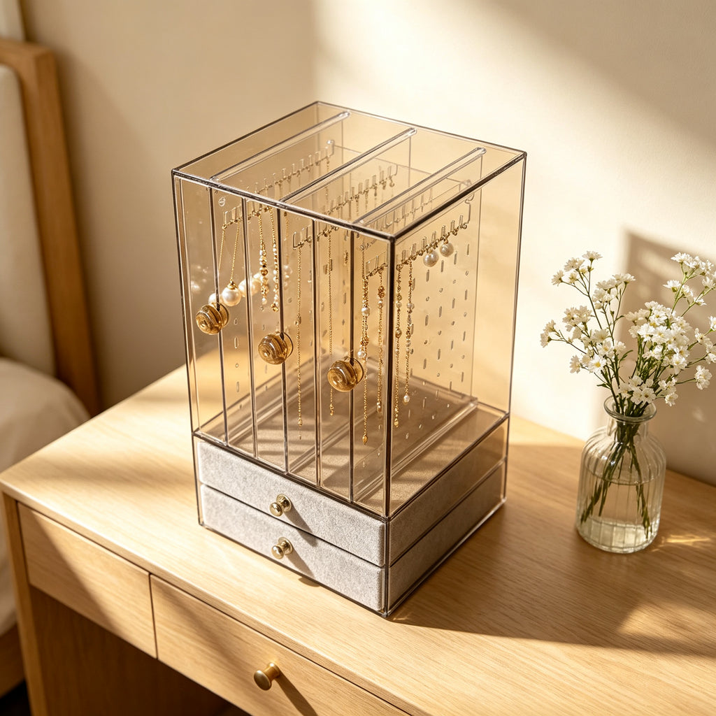 Acrylic Jewelry Organizer with 3 Necklace Stands and 2 Drawers, Clear Jewelry Display Case for Rings, Earrings & Necklaces