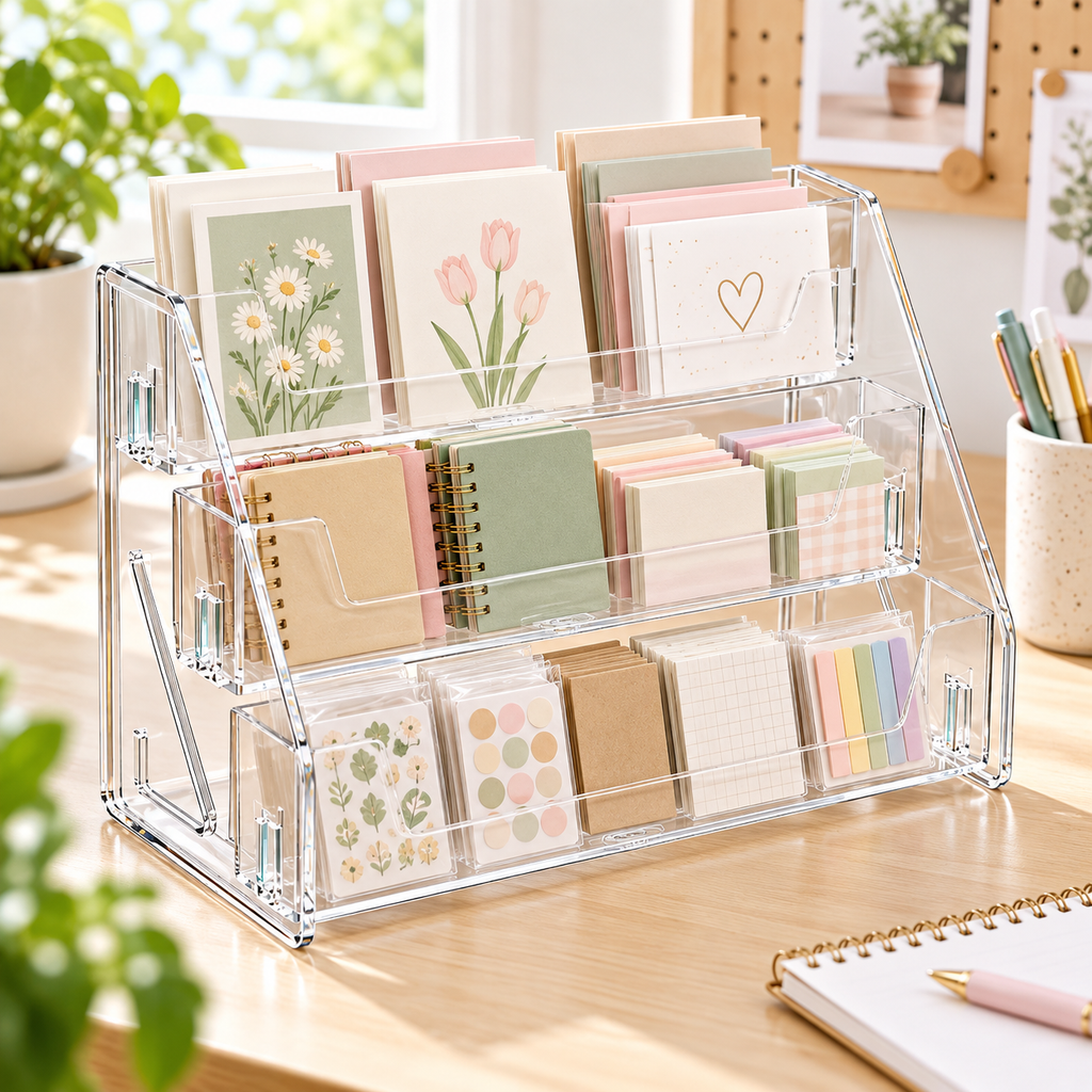 Clear 3-Tier Step Shelf with Guardrail, Transparent Display Riser Stand for Cosmetics Spice Collection Bathroom Kitchen