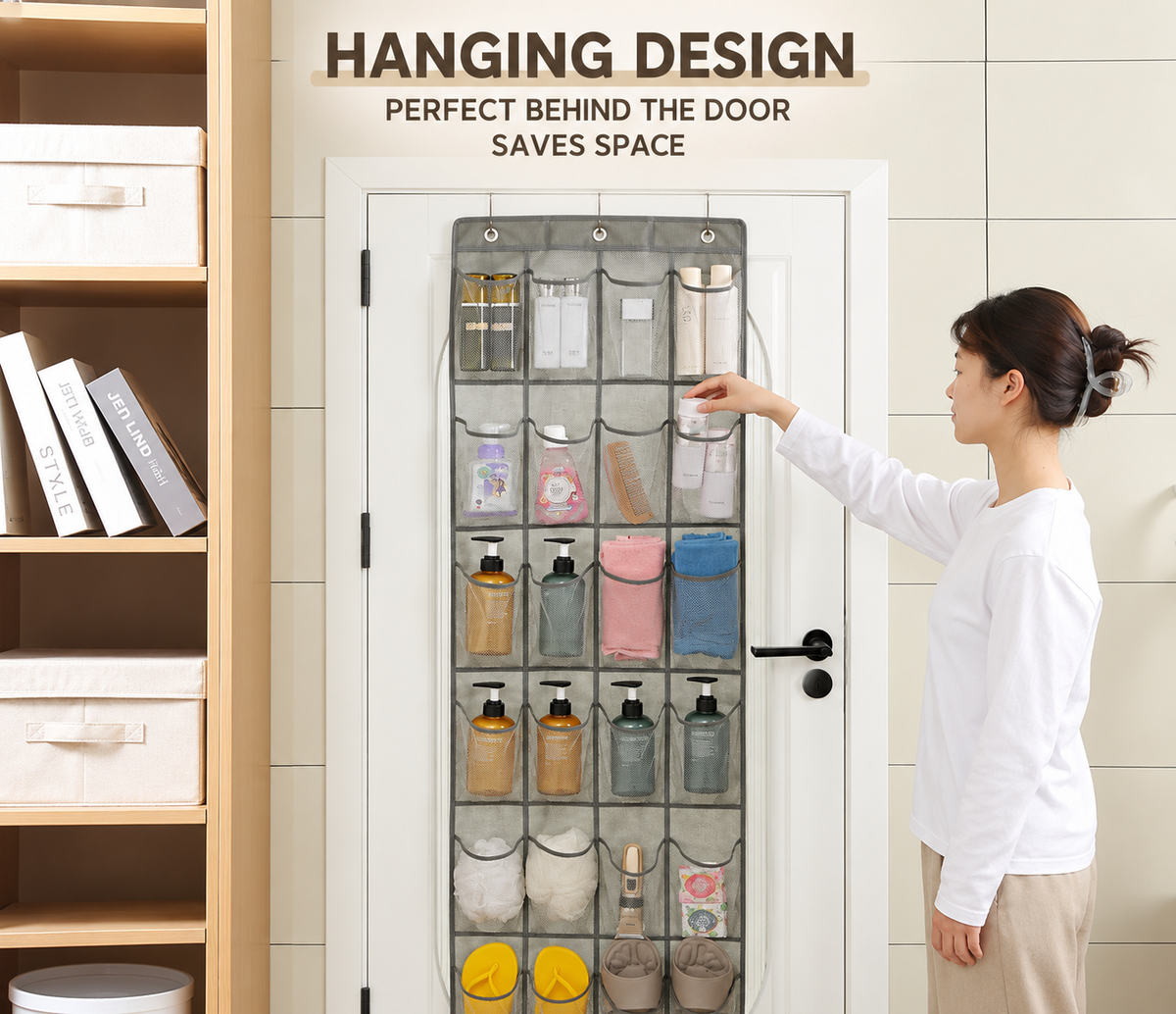 foldable shoe organizer
collapsible over door shoe bag
24 pocket hanging shoe rack
space saving shoe storage