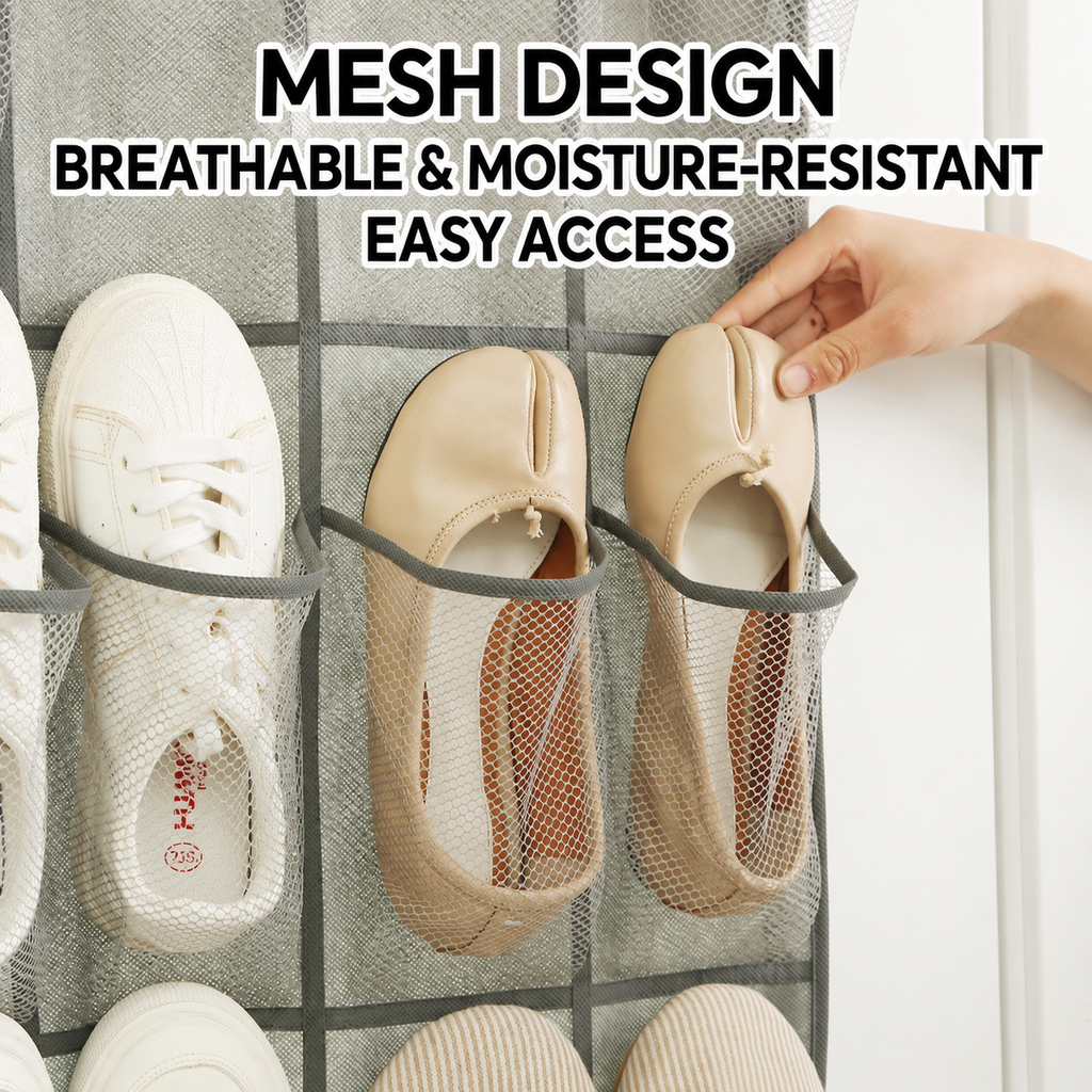 foldable shoe organizer
collapsible over door shoe bag
24 pocket hanging shoe rack
space saving shoe storage