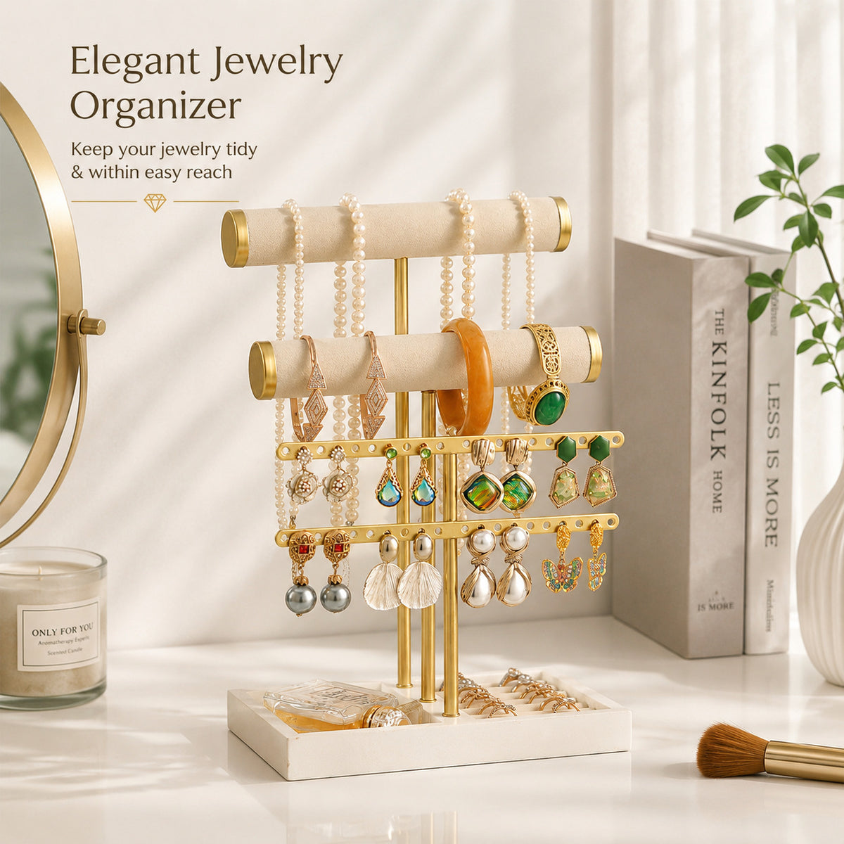 2 tier velvet t bar jewelry organizer
gold bracelet watch holder
earring necklace display rack
ring tray jewelry stand
luxury vanity jewelry display

