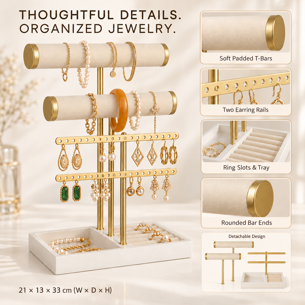 2 tier velvet t bar jewelry organizer
gold bracelet watch holder
earring necklace display rack
ring tray jewelry stand
luxury vanity jewelry display
