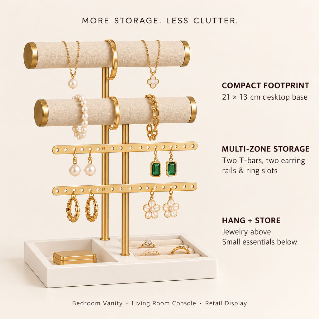 2 tier velvet t bar jewelry organizer
gold bracelet watch holder
earring necklace display rack
ring tray jewelry stand
luxury vanity jewelry display
