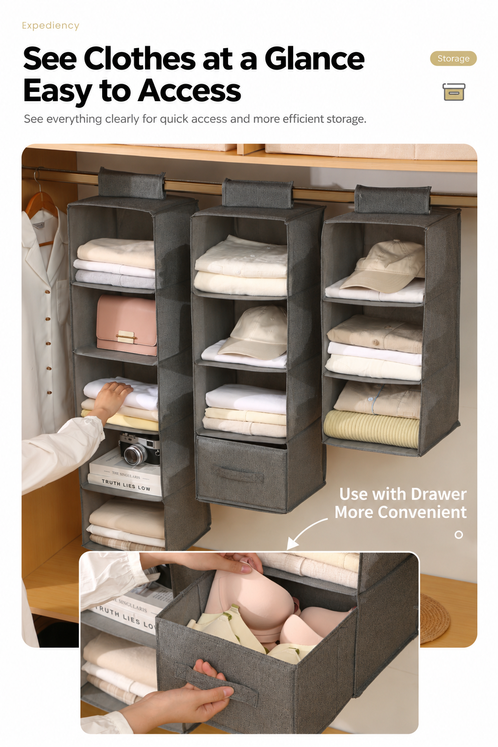 foldable hanging closet organizer
collapsible 3 tier wardrobe shelf
folding closet storage
space saving hanging shelf