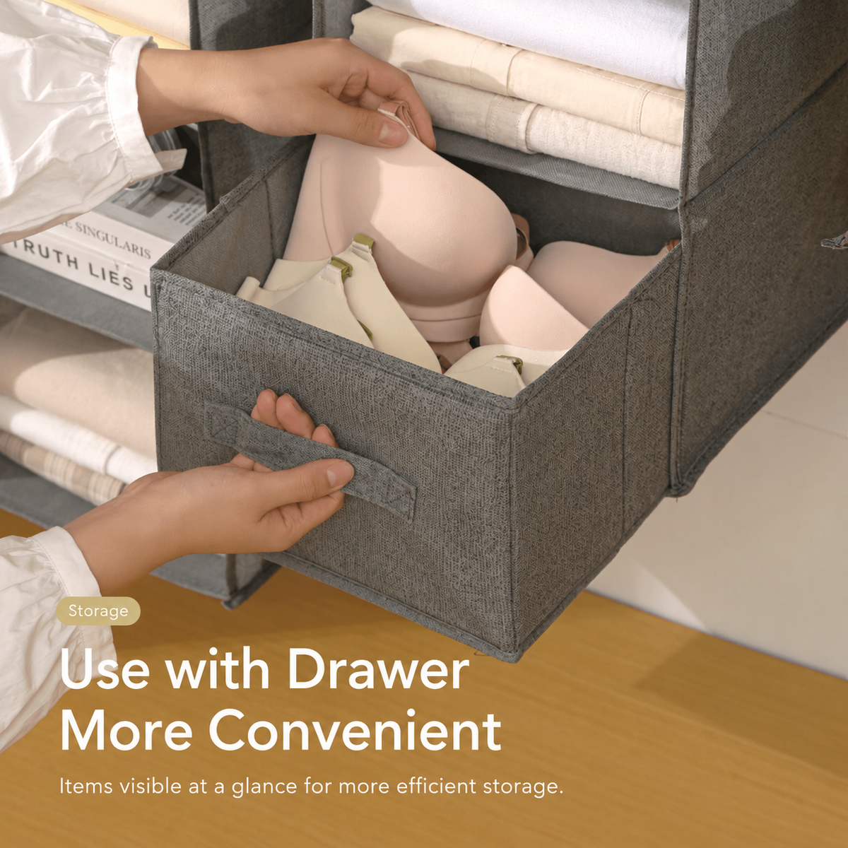 Foldable 3-Tier Hanging Closet Organizer, Collapsible Wardrobe Storage Shelf Gray