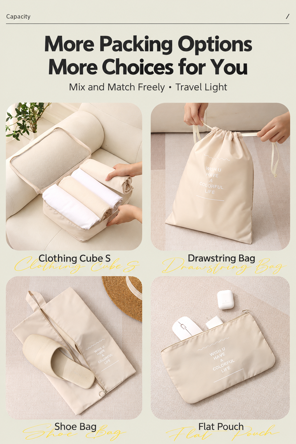 foldable packing cubes 6 piece
travel luggage organizer
collapsible suitcase bags
lightweight packing cubes