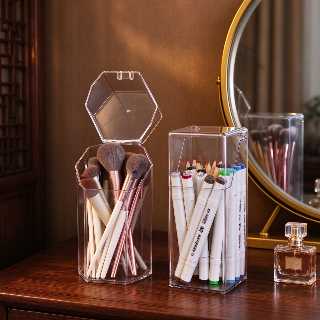 hexagonal storage bin
clear acrylic basket
transparent organizer
bathroom kitchen caddy
desk storage bin