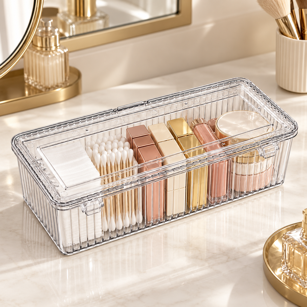 Clear Flip Lid Storage Box, Transparent PET Hanging Organizer with Cover for Bathroom Kitchen Wall Mount
