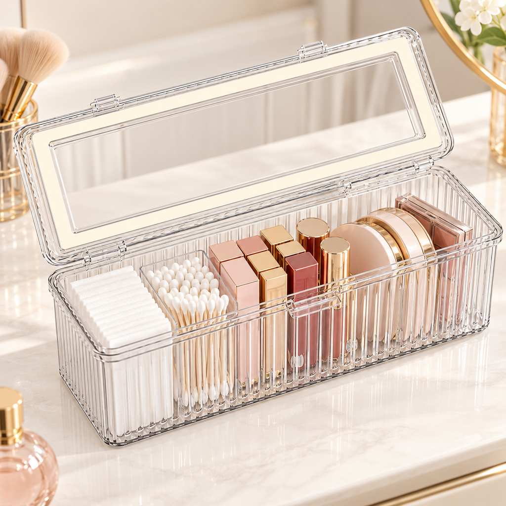 Clear Flip Lid Storage Box with White Edge, Transparent PET Wall Mount Organizer for Bathroom Kitchen