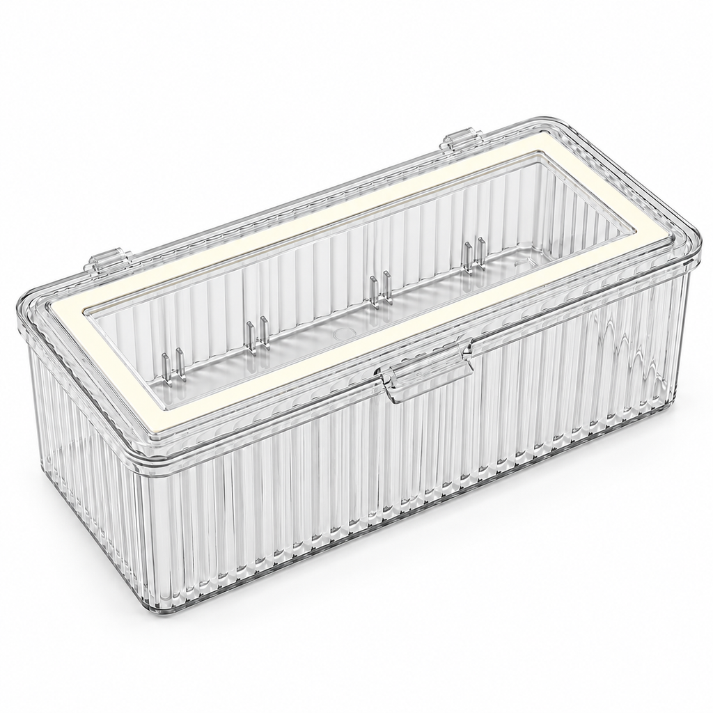 Clear Flip Lid Storage Box with White Edge, Transparent PET Wall Mount Organizer for Bathroom Kitchen
