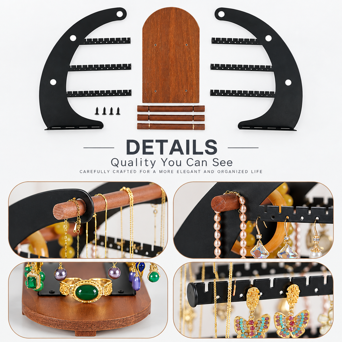 crescent shaped jewelry organizer stand
moon jewelry rack multi tier
black metal earring necklace holder
wood base jewelry display
wholesale jewelry organizer
