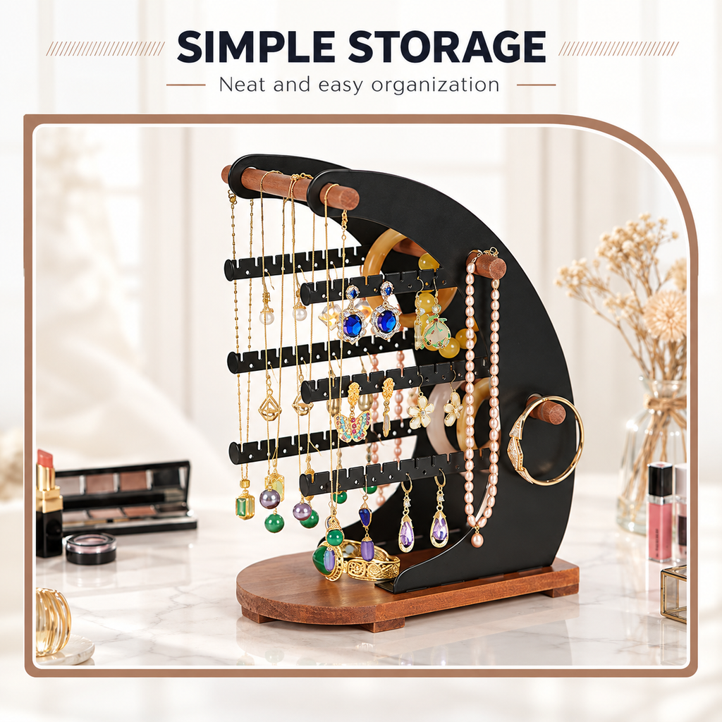 crescent shaped jewelry organizer stand
moon jewelry rack multi tier
black metal earring necklace holder
wood base jewelry display
wholesale jewelry organizer
