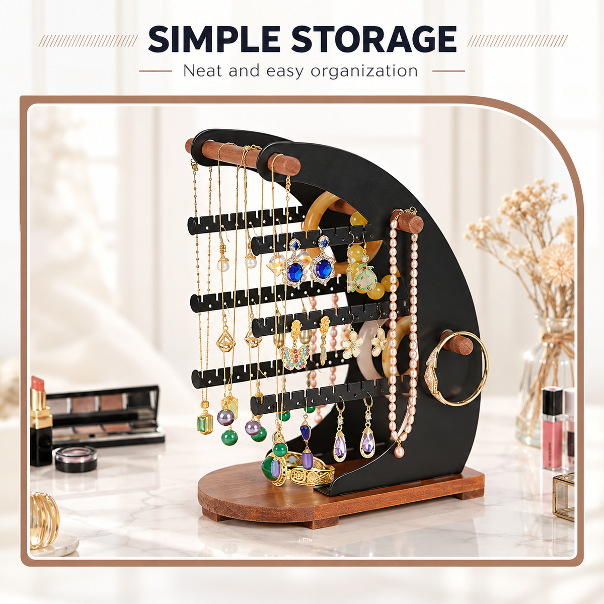 crescent shaped jewelry organizer stand
moon jewelry rack multi tier
black metal earring necklace holder
wood base jewelry display
wholesale jewelry organizer
