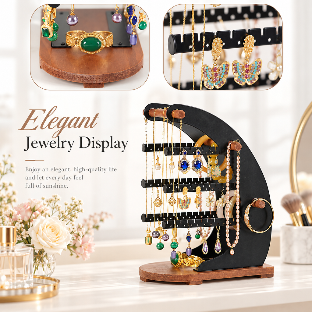 crescent shaped jewelry organizer stand
moon jewelry rack multi tier
black metal earring necklace holder
wood base jewelry display
wholesale jewelry organizer
