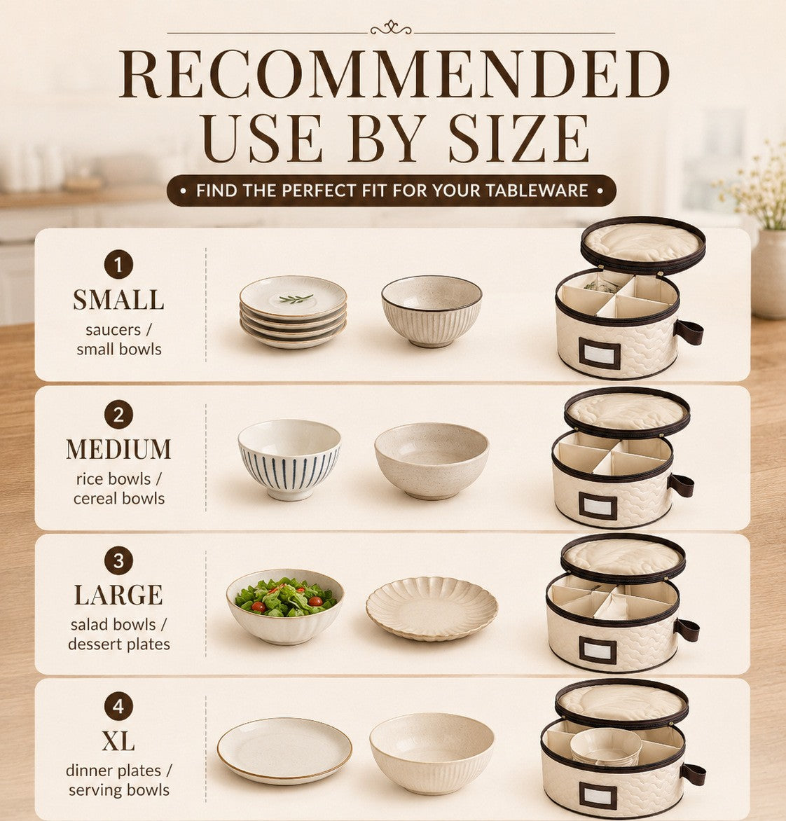 4 pcs tableware storage bag set
foldable quilted dish organizer
dustproof waterproof storage case
plate cup organizer bag
cream brown kitchen storage
