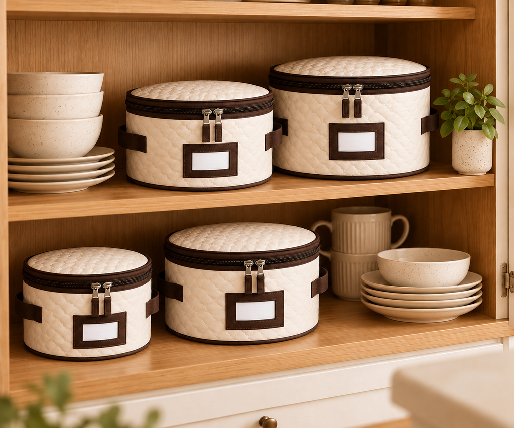 4 pcs tableware storage bag set
foldable quilted dish organizer
dustproof waterproof storage case
plate cup organizer bag
cream brown kitchen storage