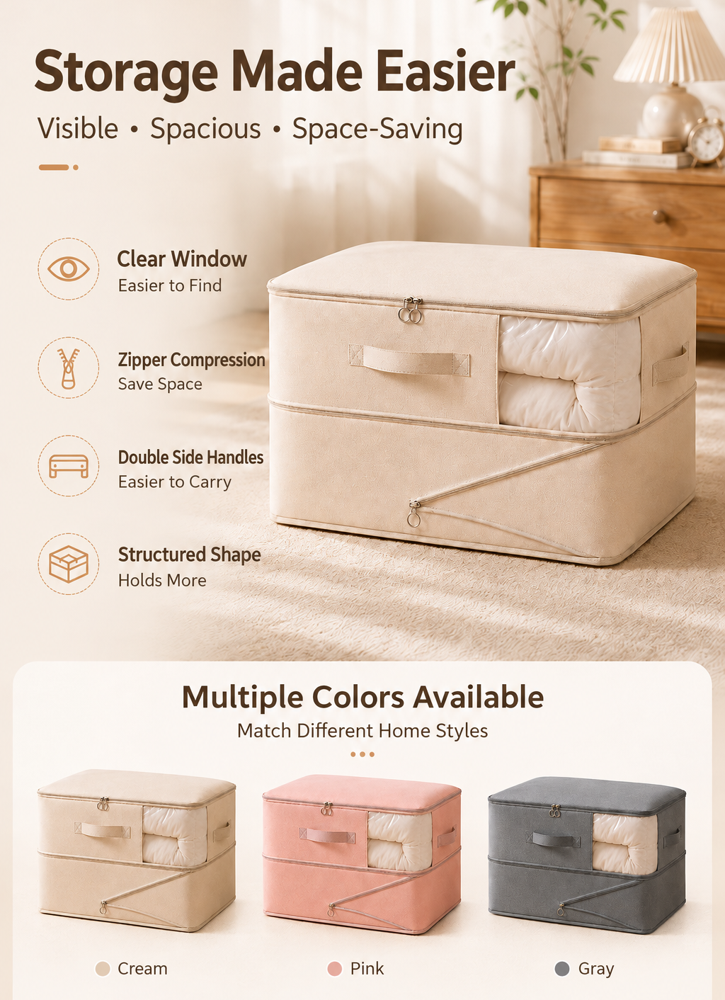 Gray compression quilt storage bag made from 150 gsm twill fabric, with a clear front window and carry handles, shown expanded to 54 × 42 × 30 cm