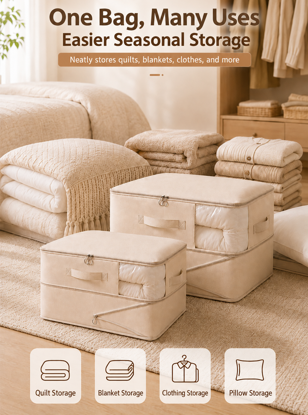 Gray compression quilt storage bag made from 150 gsm twill fabric, with a clear front window and carry handles, shown expanded to 54 × 42 × 30 cm