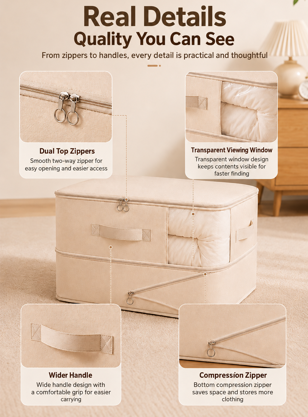 Gray Compression Quilt Storage Bag with Clear Window, 150 gsm Twill Fabric, 54 × 42 × 30 cm