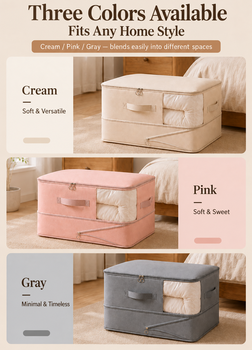 Gray compression quilt storage bag made from 150 gsm twill fabric, with a clear front window and carry handles, shown expanded to 54 × 42 × 30 cm